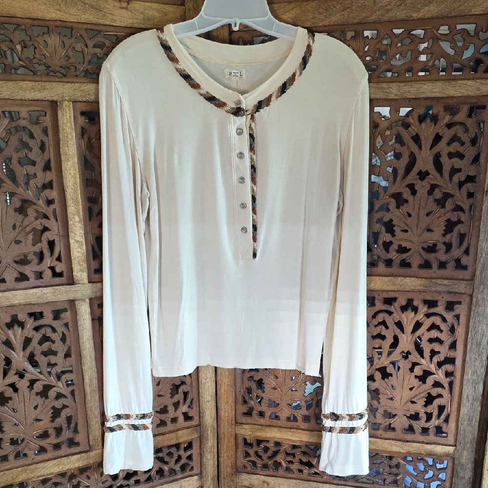 POL Cream Long Sleeve Henley Top with Braided Trim